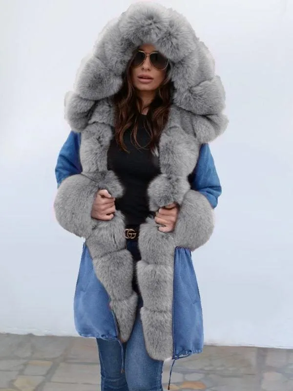 Midnight Blue Hooded Long-length Faux Fur Coats