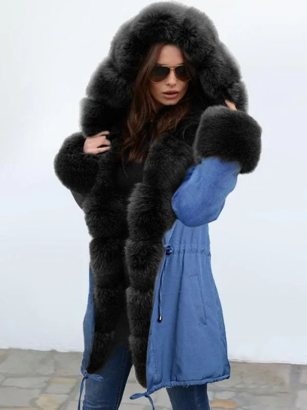 Midnight Blue Hooded Long-length Faux Fur Coats