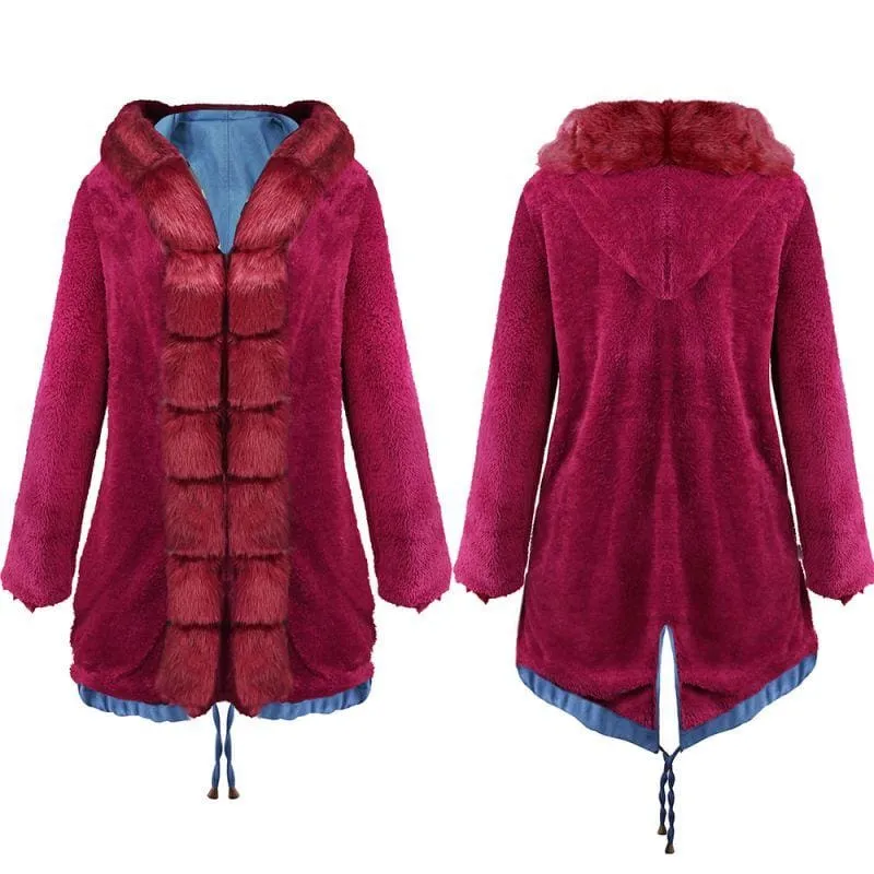 Midnight Blue Hooded Long-length Faux Fur Coats