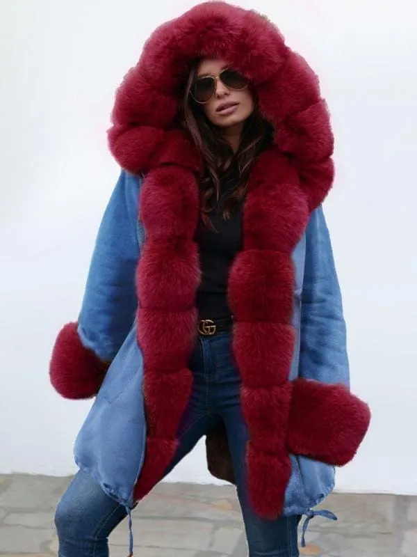 Midnight Blue Hooded Long-length Faux Fur Coats