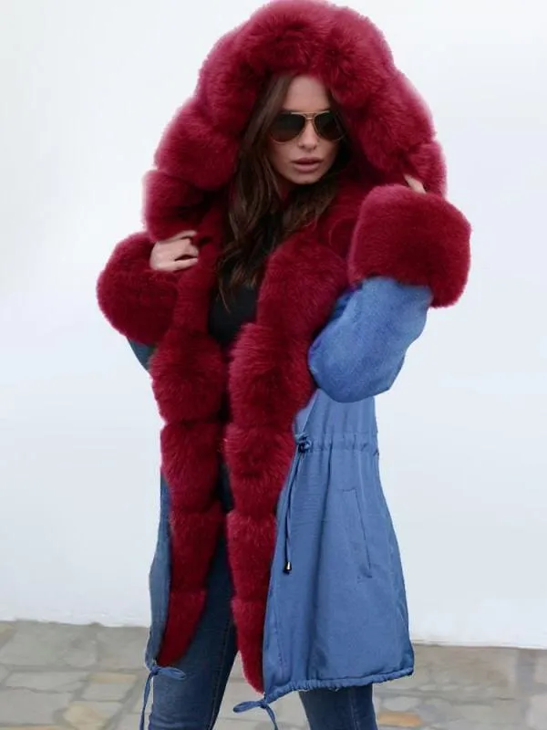 Midnight Blue Hooded Long-length Faux Fur Coats