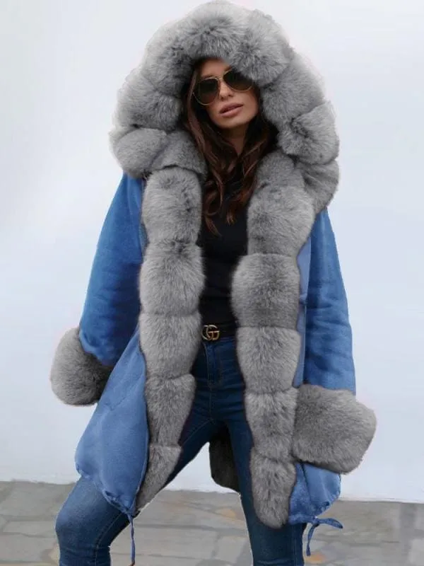Midnight Blue Hooded Long-length Faux Fur Coats