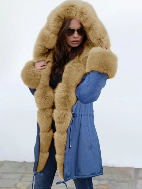 Midnight Blue Hooded Long-length Faux Fur Coats