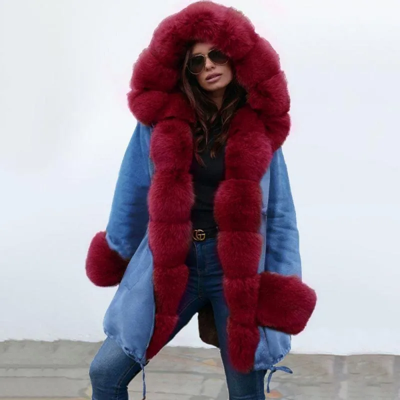 Midnight Blue Hooded Long-length Faux Fur Coats