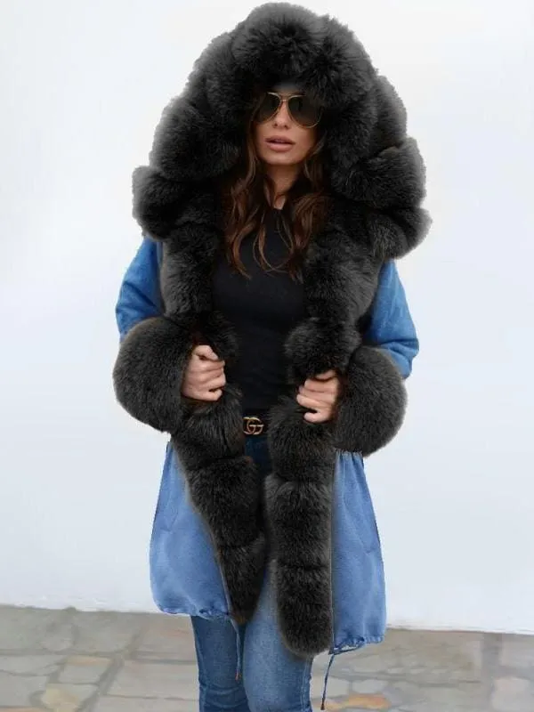 Midnight Blue Hooded Long-length Faux Fur Coats