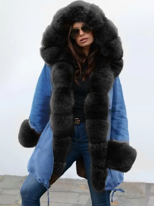 Midnight Blue Hooded Long-length Faux Fur Coats