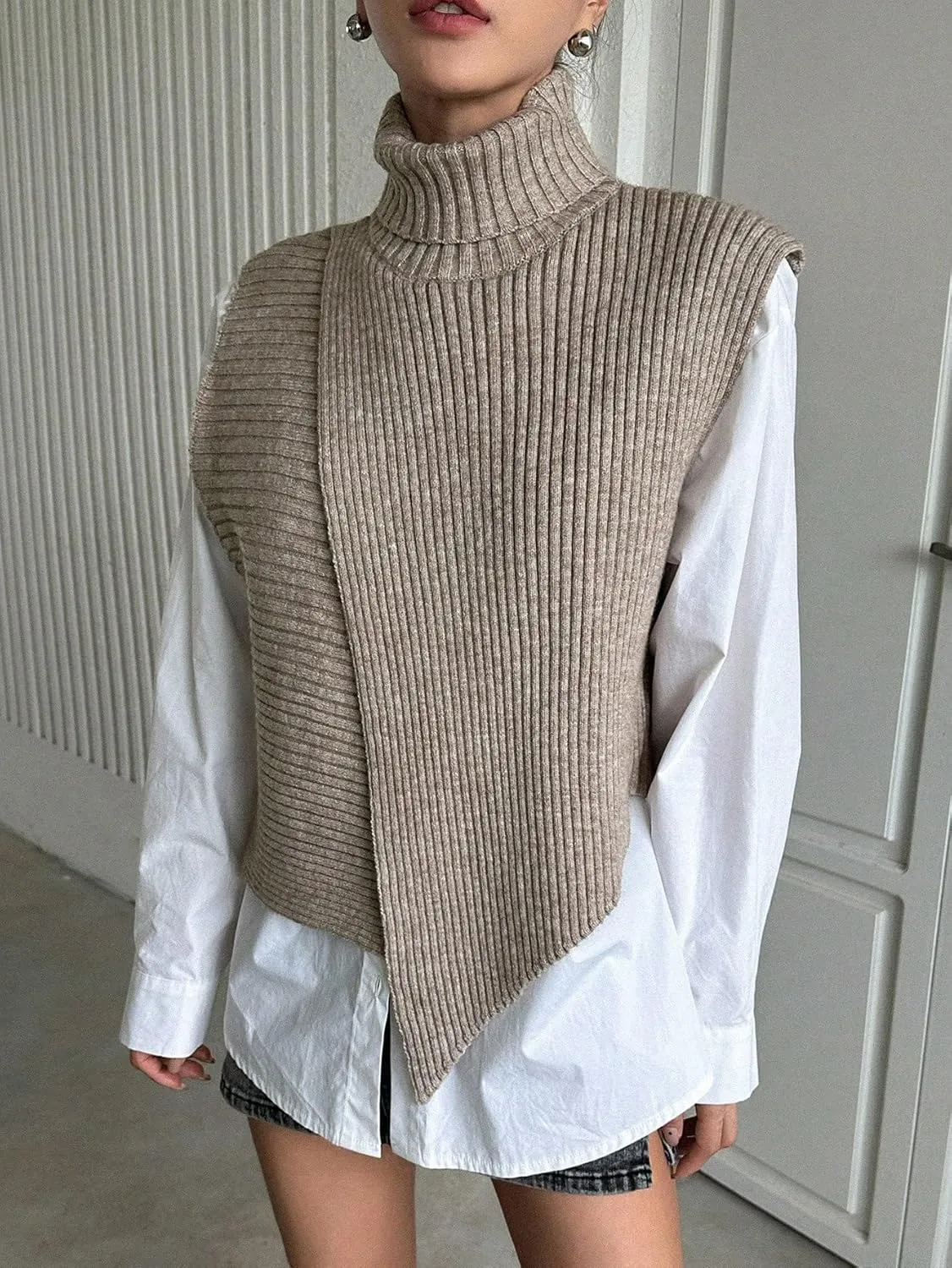 Milumia Women's High Turtle Neck Wrap Sweater Vest Knit Sleeveless Pullover Tank Tops