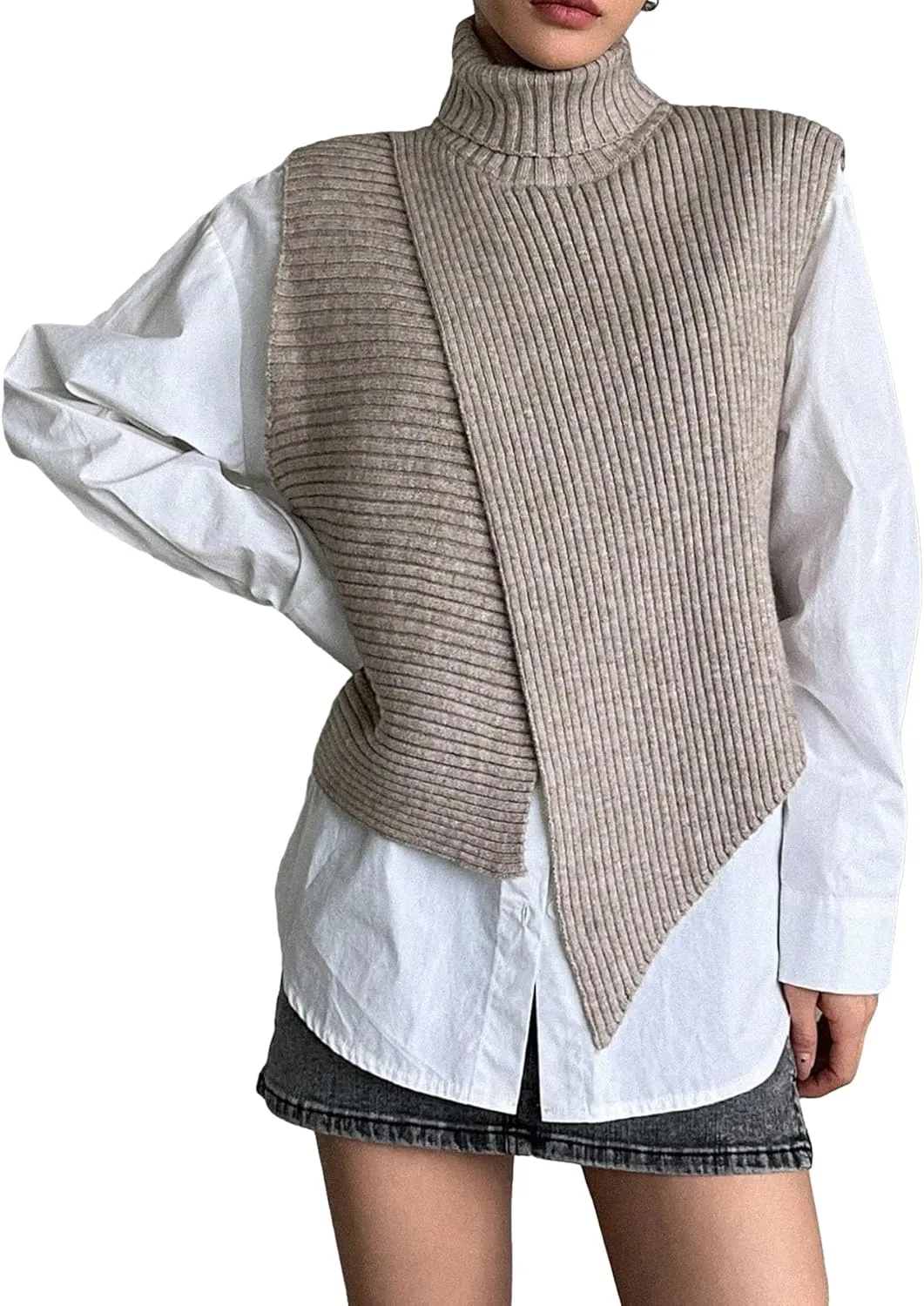 Milumia Women's High Turtle Neck Wrap Sweater Vest Knit Sleeveless Pullover Tank Tops