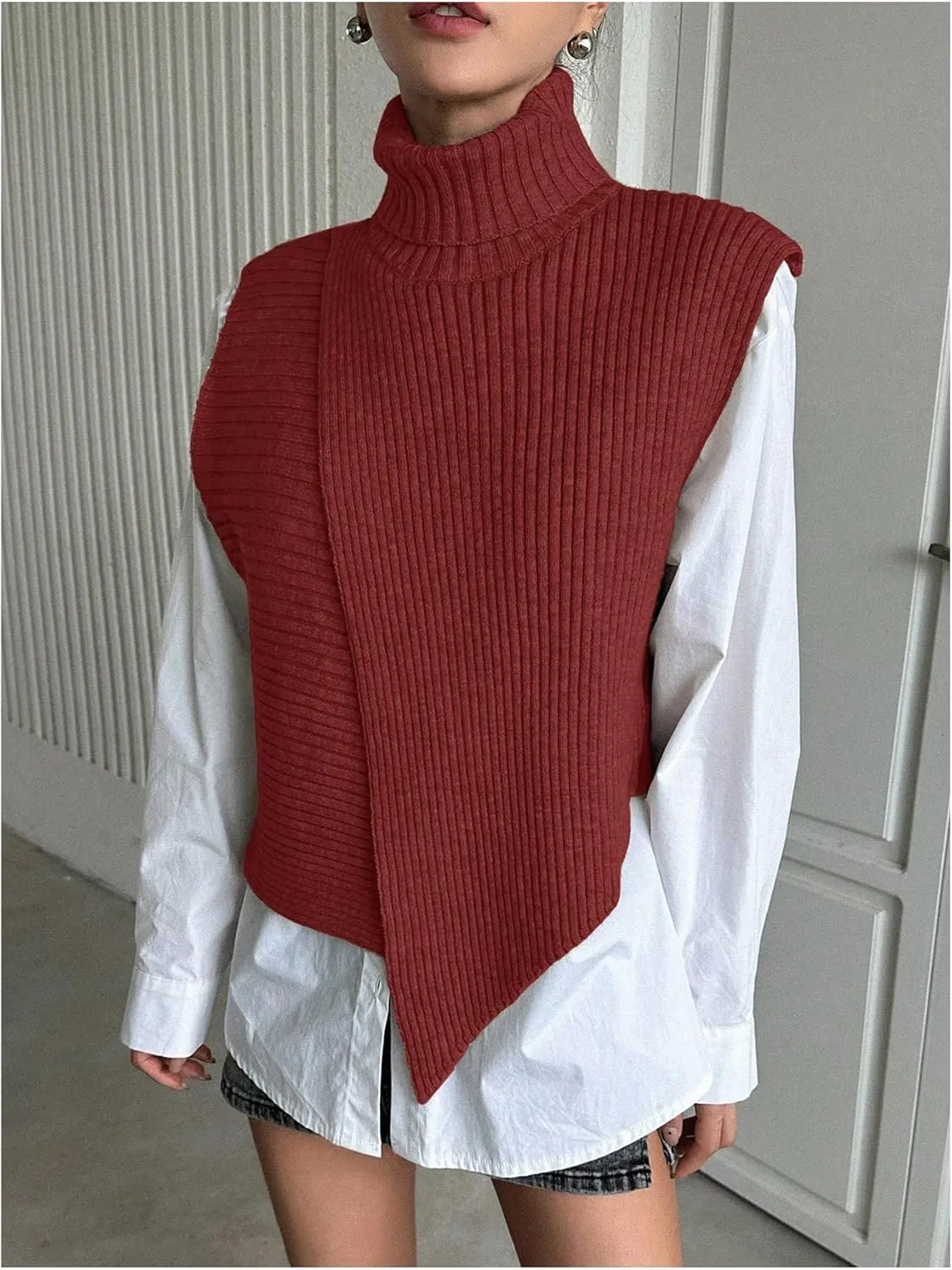 Milumia Women's High Turtle Neck Wrap Sweater Vest Knit Sleeveless Pullover Tank Tops