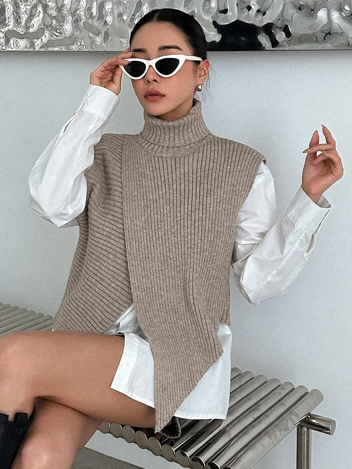 Milumia Women's High Turtle Neck Wrap Sweater Vest Knit Sleeveless Pullover Tank Tops