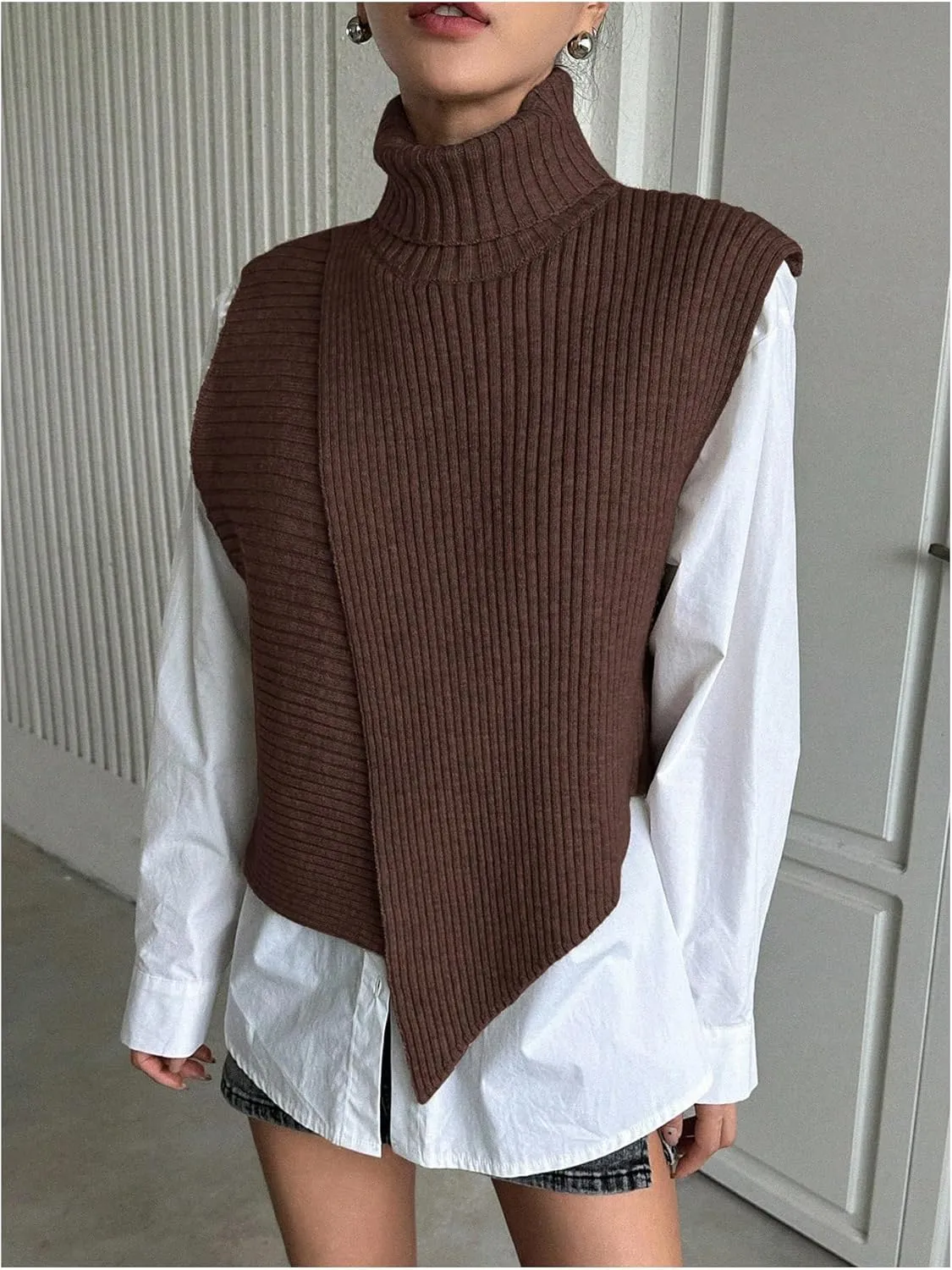 Milumia Women's High Turtle Neck Wrap Sweater Vest Knit Sleeveless Pullover Tank Tops