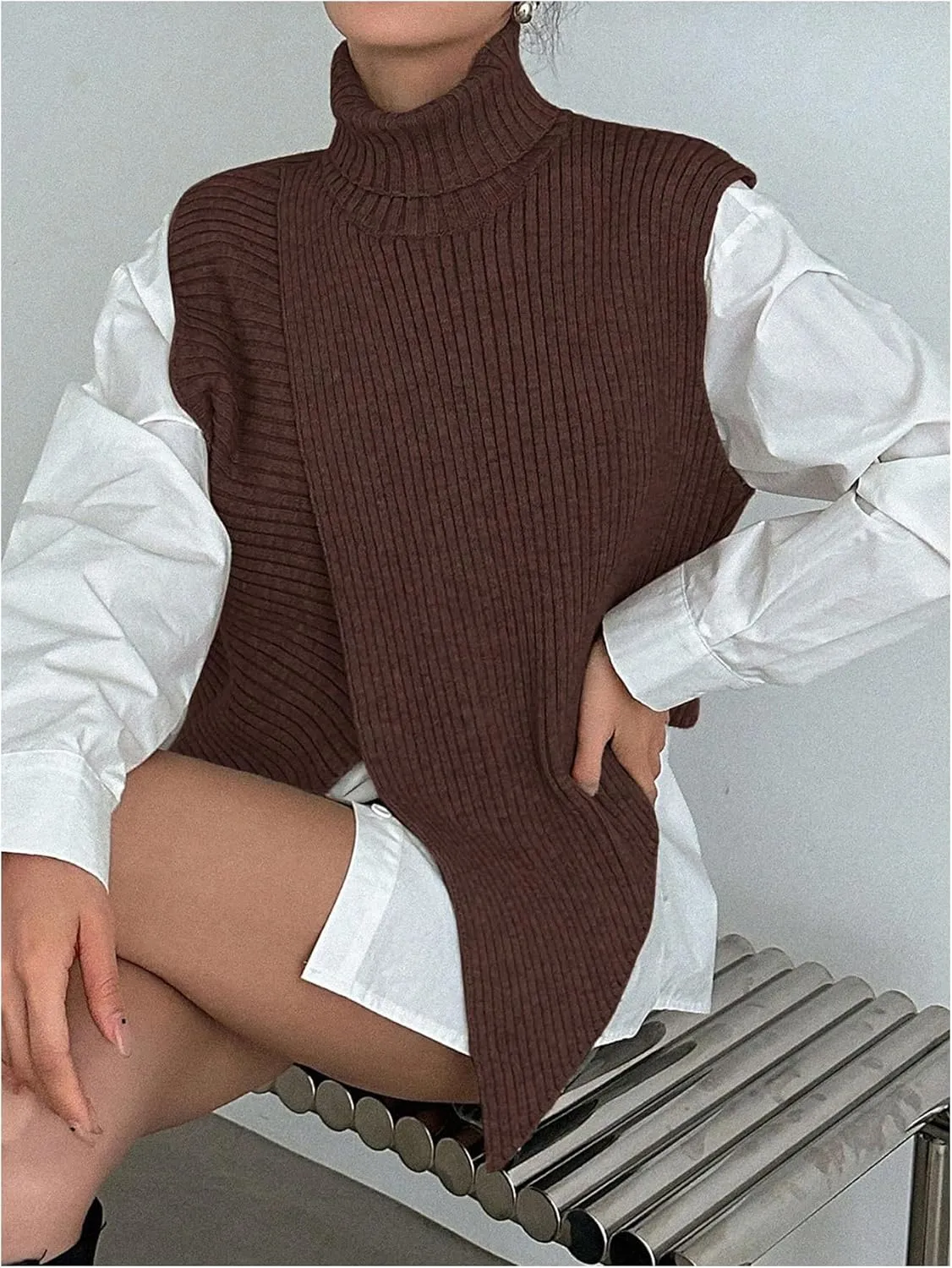 Milumia Women's High Turtle Neck Wrap Sweater Vest Knit Sleeveless Pullover Tank Tops
