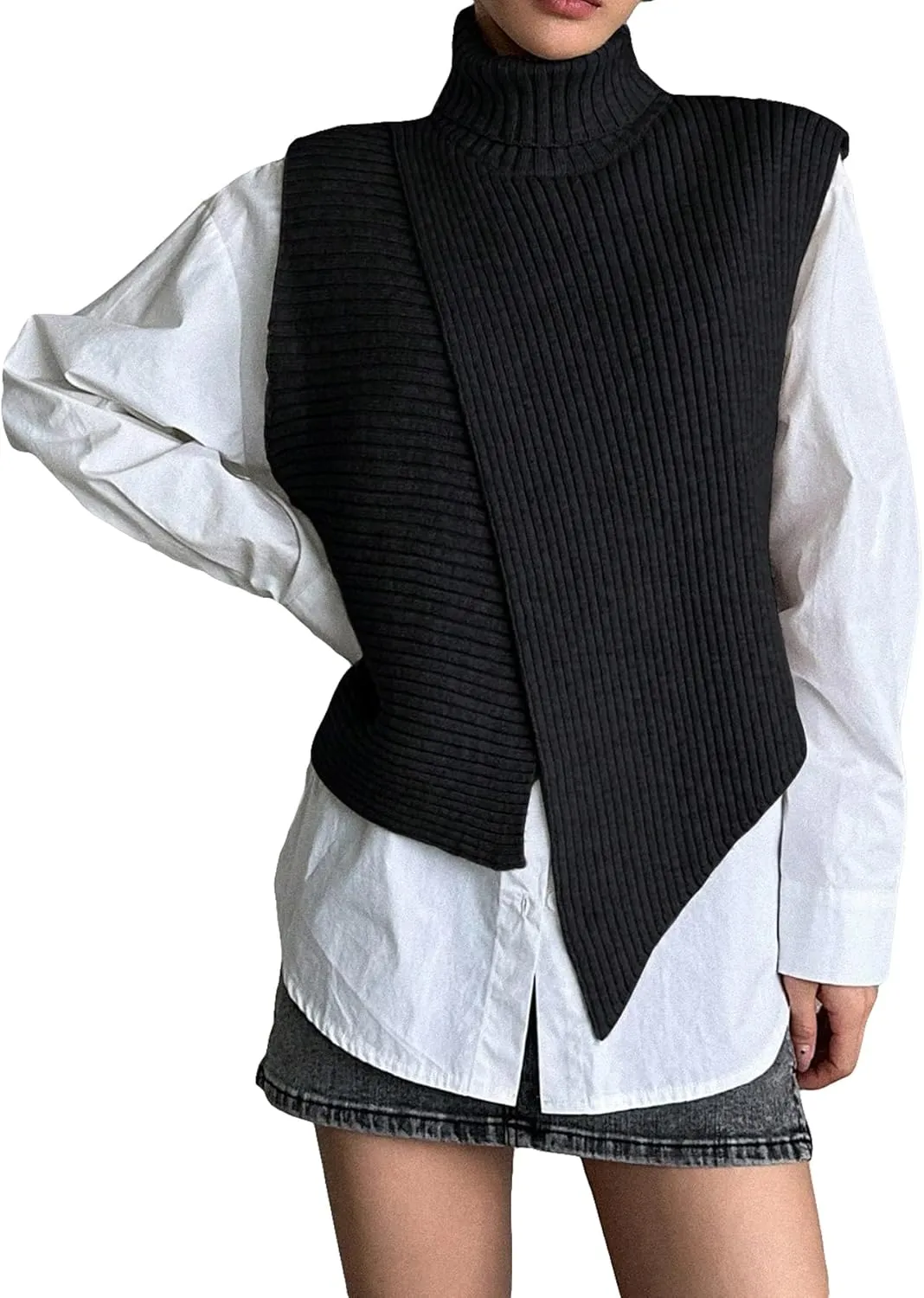 Milumia Women's High Turtle Neck Wrap Sweater Vest Knit Sleeveless Pullover Tank Tops