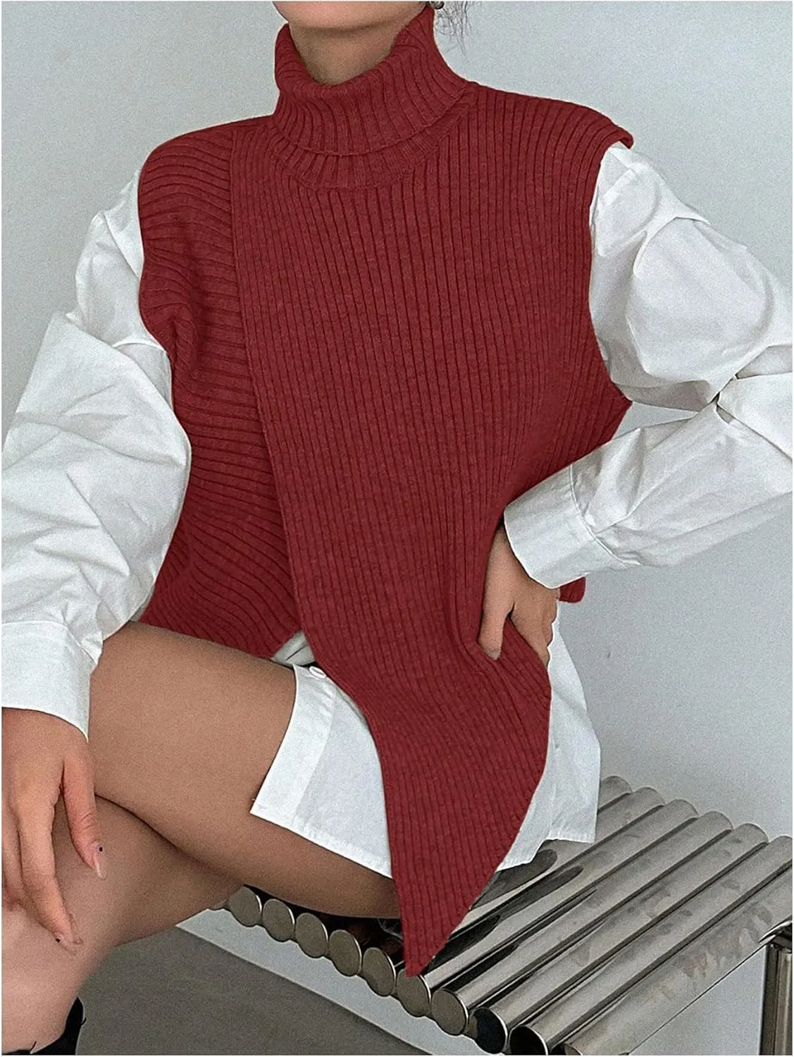 Milumia Women's High Turtle Neck Wrap Sweater Vest Knit Sleeveless Pullover Tank Tops