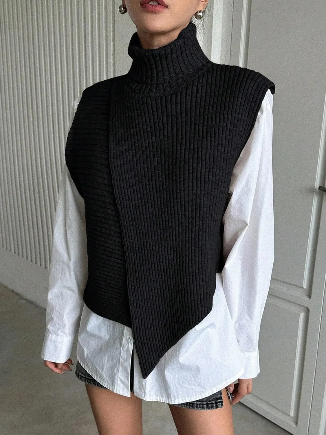 Milumia Women's High Turtle Neck Wrap Sweater Vest Knit Sleeveless Pullover Tank Tops