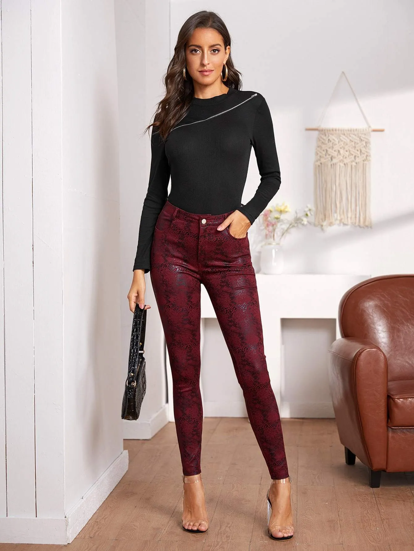 Mock Neck Zipper Rib Knit Tee