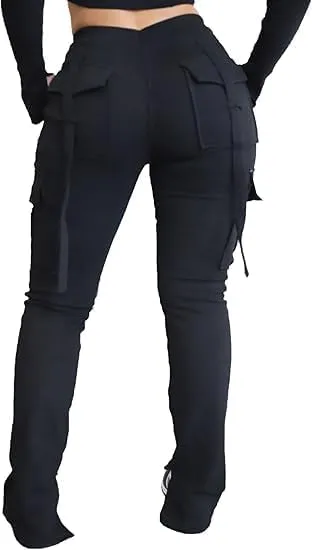 Molisry Women's Flare Cargo Sweatpants Casual High Waisted Split Stacked Leggings Workout Joggers with Pockets