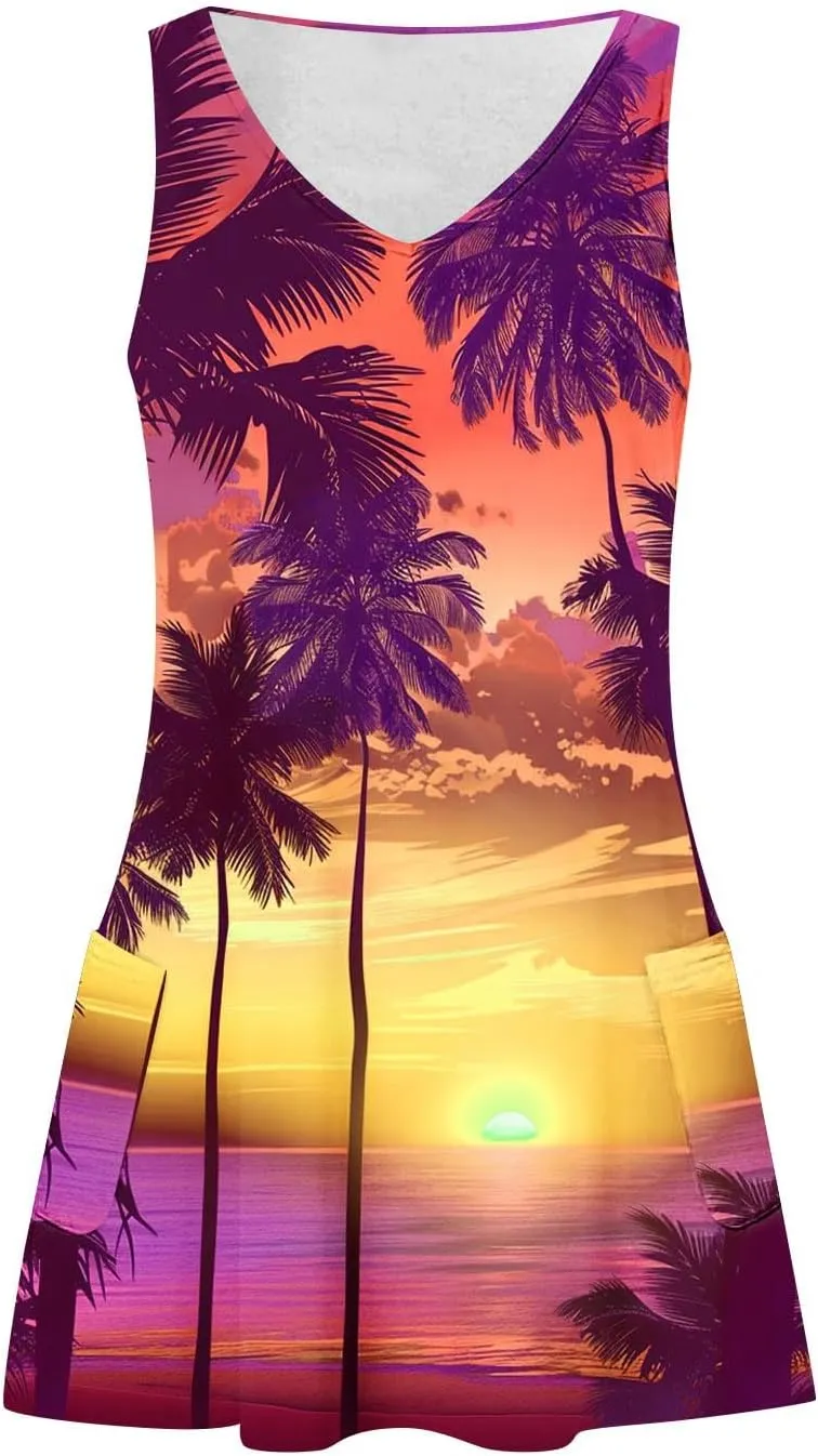 Mzkdieey Summer Dresses for Women Sunset Beach Palm Tree Print Tropical Hawaiian Dresses Casual Pockets Boho Tank Sundress