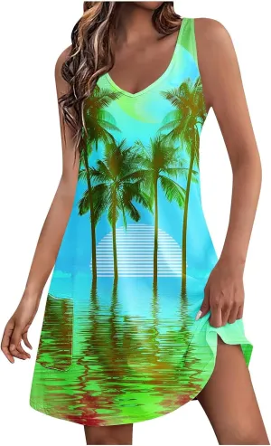 Mzkdieey Summer Dresses for Women Sunset Beach Palm Tree Print Tropical Hawaiian Dresses Casual Pockets Boho Tank Sundress