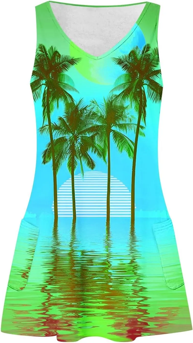 Mzkdieey Summer Dresses for Women Sunset Beach Palm Tree Print Tropical Hawaiian Dresses Casual Pockets Boho Tank Sundress