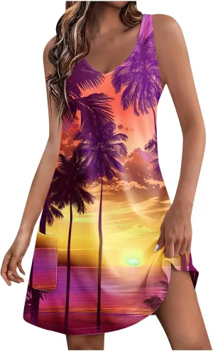 Mzkdieey Summer Dresses for Women Sunset Beach Palm Tree Print Tropical Hawaiian Dresses Casual Pockets Boho Tank Sundress