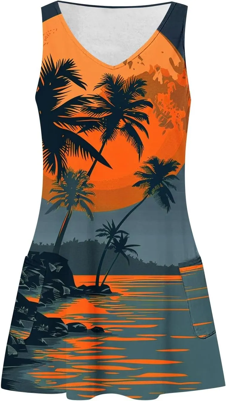 Mzkdieey Women's Summer Dresses 2024 Casual Sleeveless V Neck Sunset Beach Palm Tree Print Tank Loose Sundress with Pockets