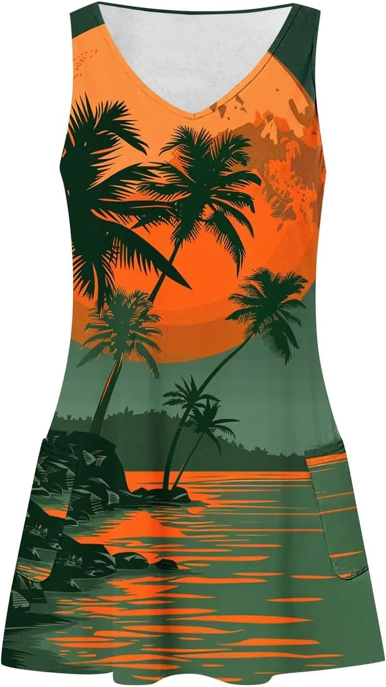 Mzkdieey Women's Summer Dresses 2024 Casual Sleeveless V Neck Sunset Beach Palm Tree Print Tank Loose Sundress with Pockets