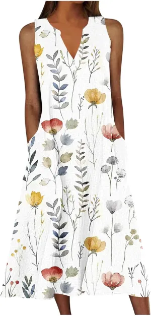 NaRHbrg Women's Sleeveless V-Neck Floral Print Maxi Dress Casual Loose Fit Summer Beach Dresses Sundress with Pockets