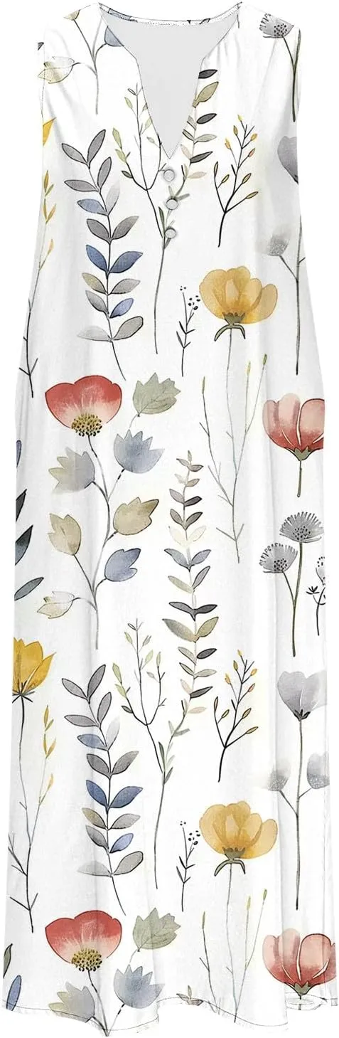 NaRHbrg Women's Sleeveless V-Neck Floral Print Maxi Dress Casual Loose Fit Summer Beach Dresses Sundress with Pockets
