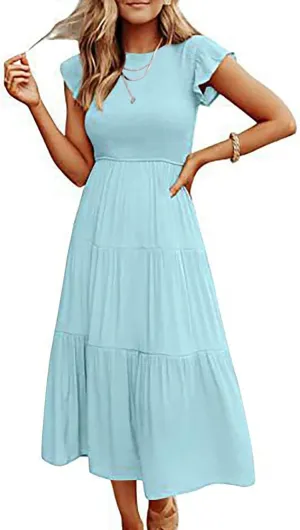 NaRHbrg Women's Summer Boho Maxi Dress Short Sleeve Flowy Tiered Ruffle Casual Beach Dresses Sundress for Vacation