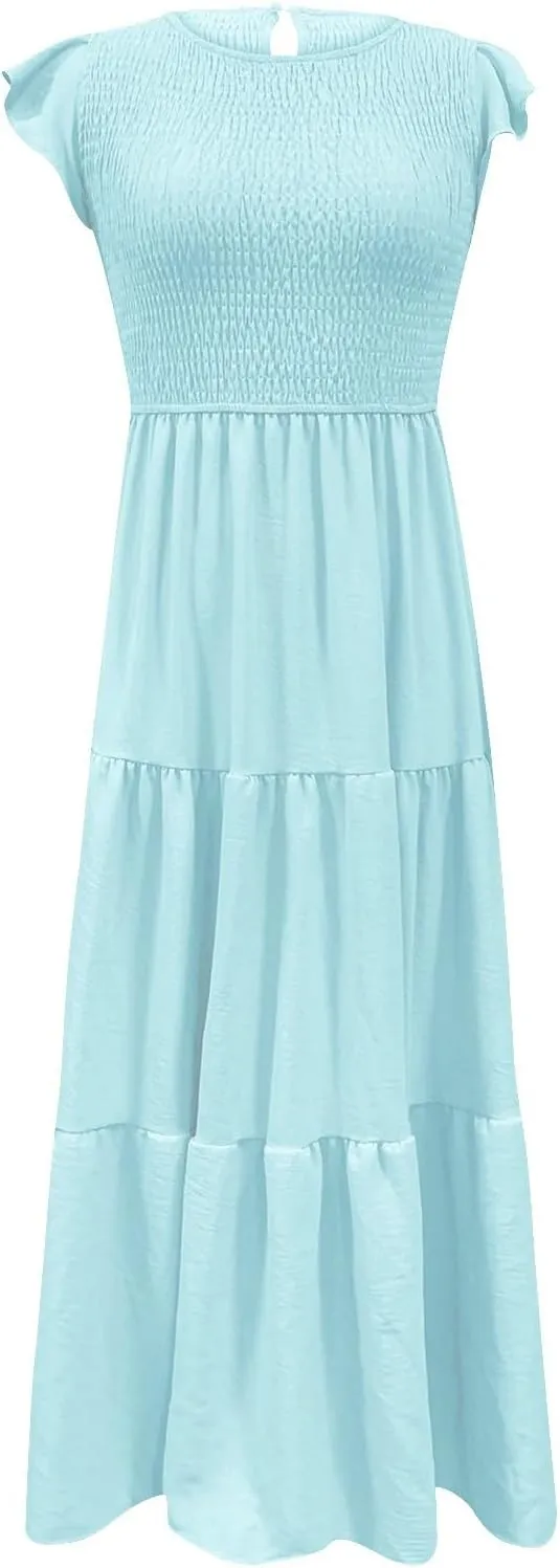 NaRHbrg Women's Summer Boho Maxi Dress Short Sleeve Flowy Tiered Ruffle Casual Beach Dresses Sundress for Vacation