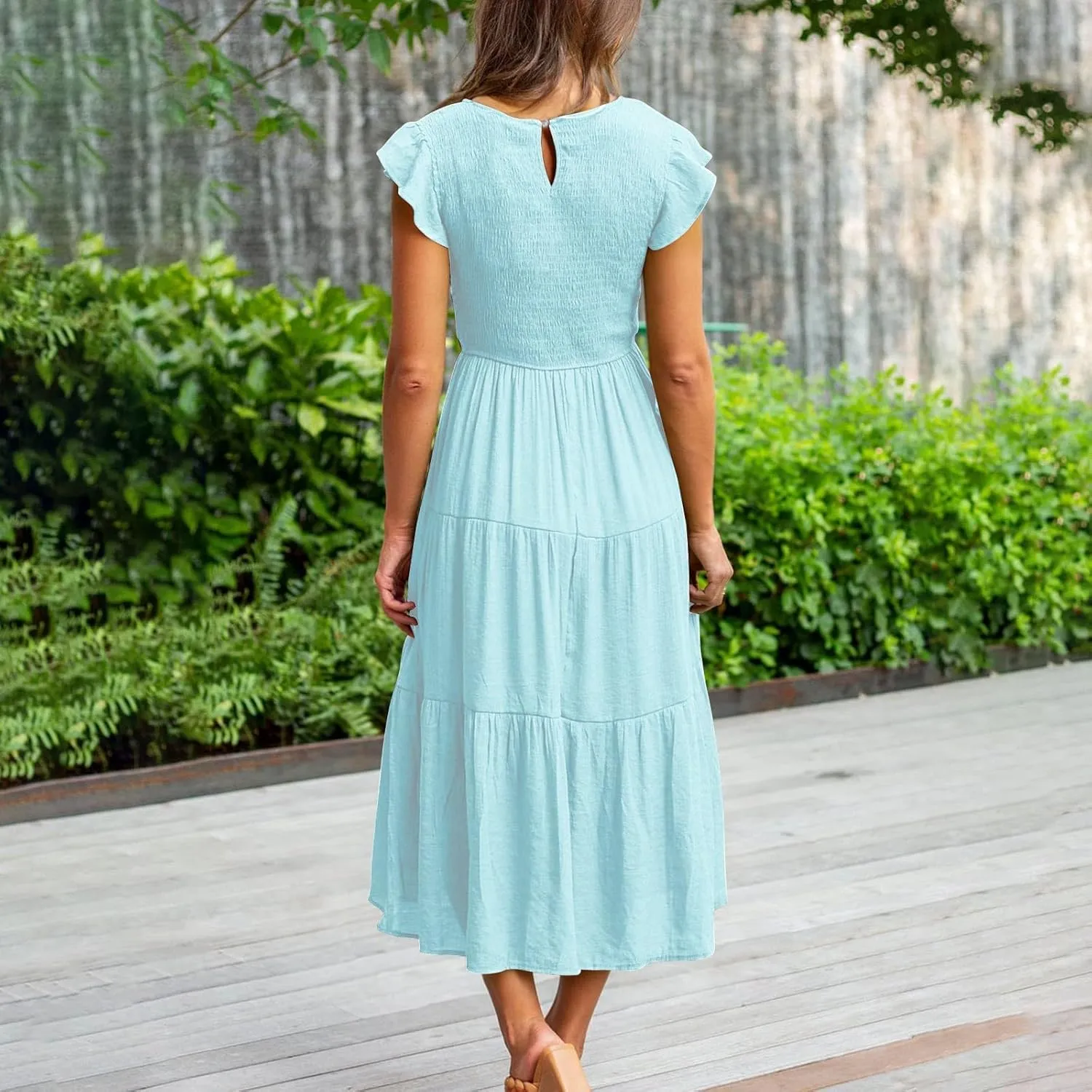 NaRHbrg Women's Summer Boho Maxi Dress Short Sleeve Flowy Tiered Ruffle Casual Beach Dresses Sundress for Vacation