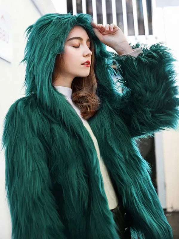 New Faux Fur Coats For Women Purple Long Sleeves Hooded Stretch Oversized Winter Coat