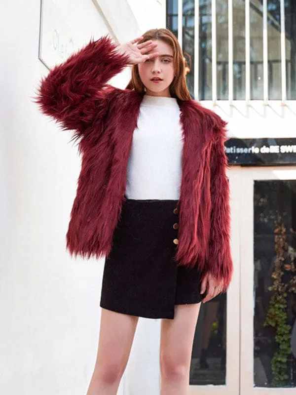 New Faux Fur Coats For Women Purple Long Sleeves Hooded Stretch Oversized Winter Coat