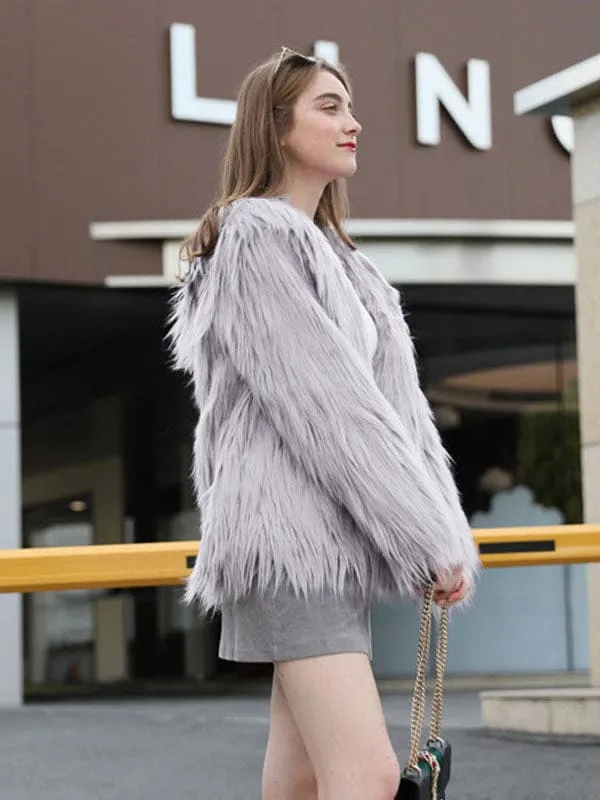 New Faux Fur Coats For Women Purple Long Sleeves Hooded Stretch Oversized Winter Coat