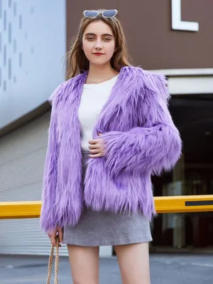New Faux Fur Coats For Women Purple Long Sleeves Hooded Stretch Oversized Winter Coat