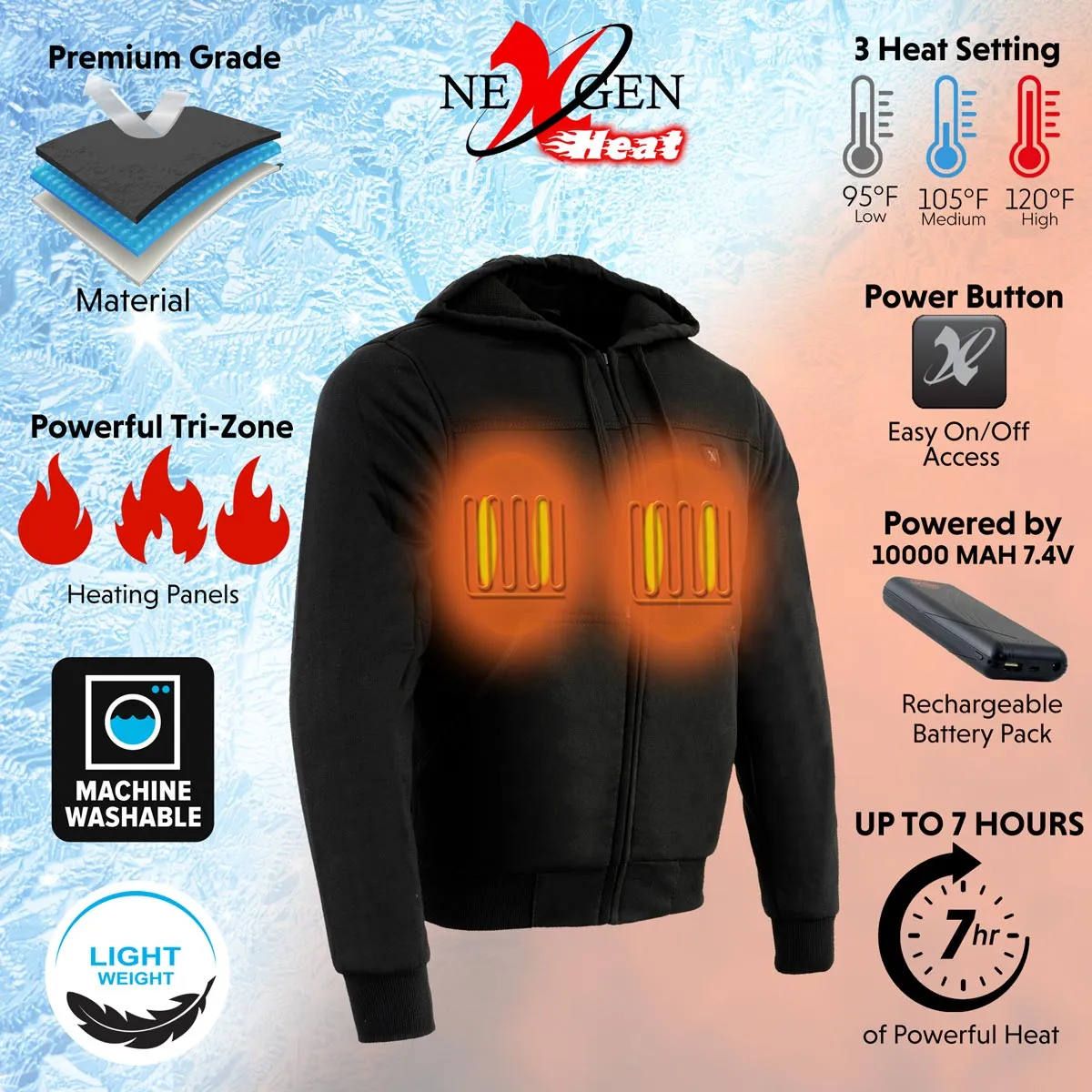 Nexgen Heat NXM1713SET Men's “Fiery’’ Heated Hoodie- Black Zipper