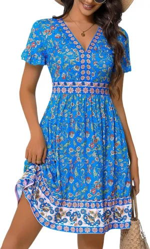 OURIN Womens Summer Dresses 2025 V Neck Short Sleeve Ruffle Floral Casual Boho Beach A Line Midi Sundress