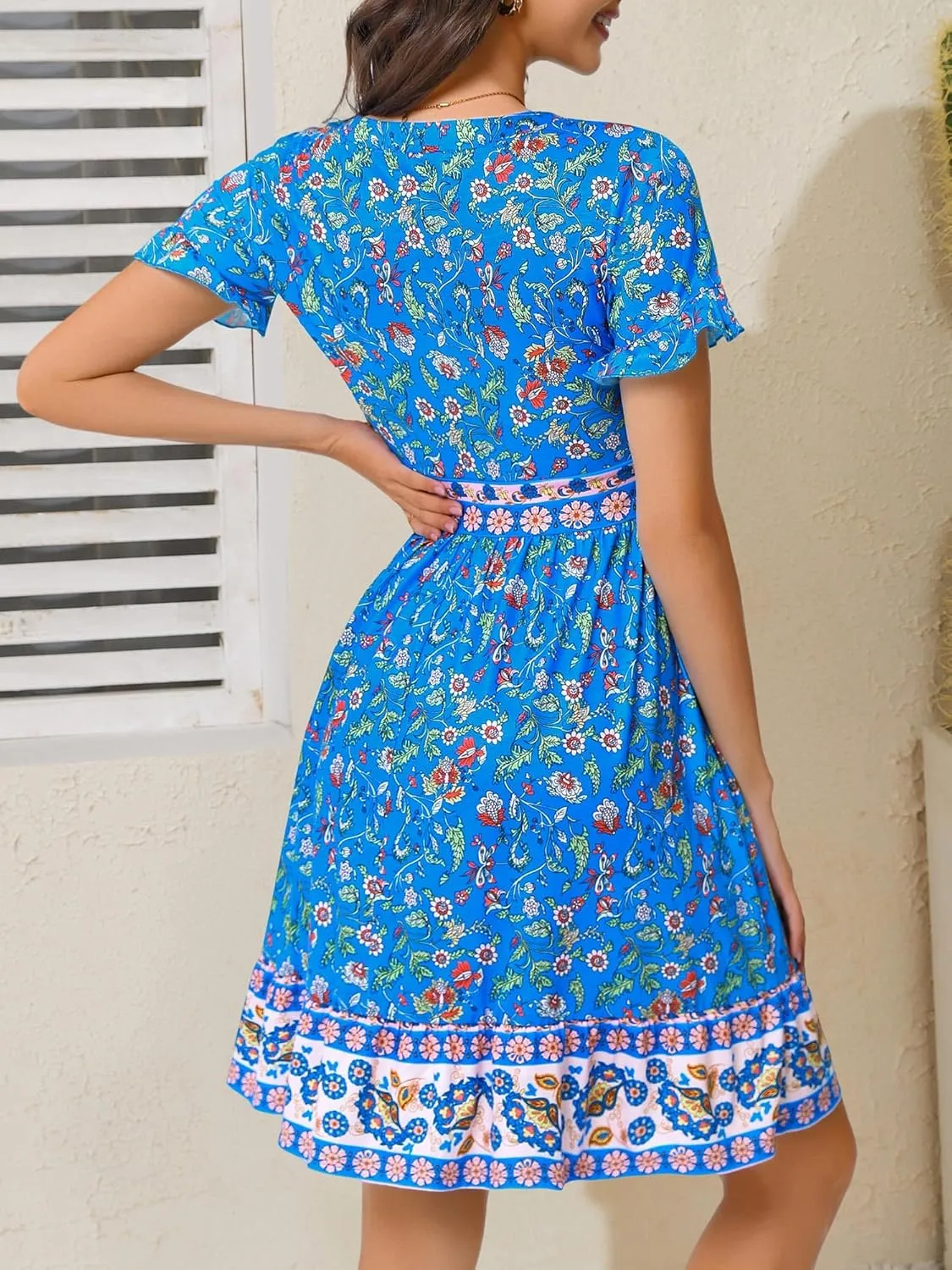 OURIN Womens Summer Dresses 2025 V Neck Short Sleeve Ruffle Floral Casual Boho Beach A Line Midi Sundress