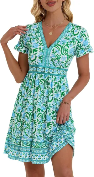 OURIN Womens Summer Dresses 2025 V Neck Short Sleeve Ruffle Floral Casual Boho Beach A Line Midi Sundress