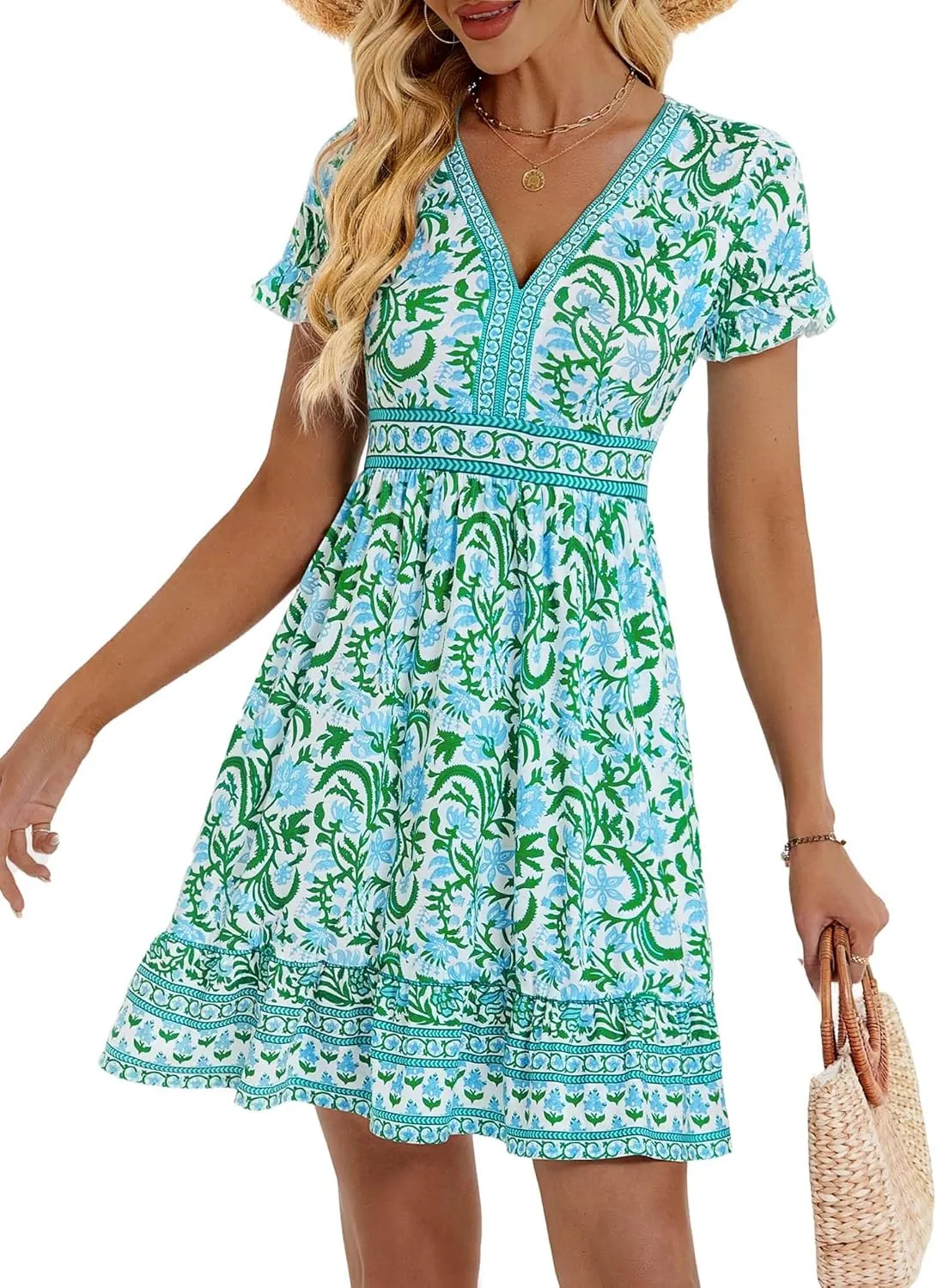 OURIN Womens Summer Dresses 2025 V Neck Short Sleeve Ruffle Floral Casual Boho Beach A Line Midi Sundress