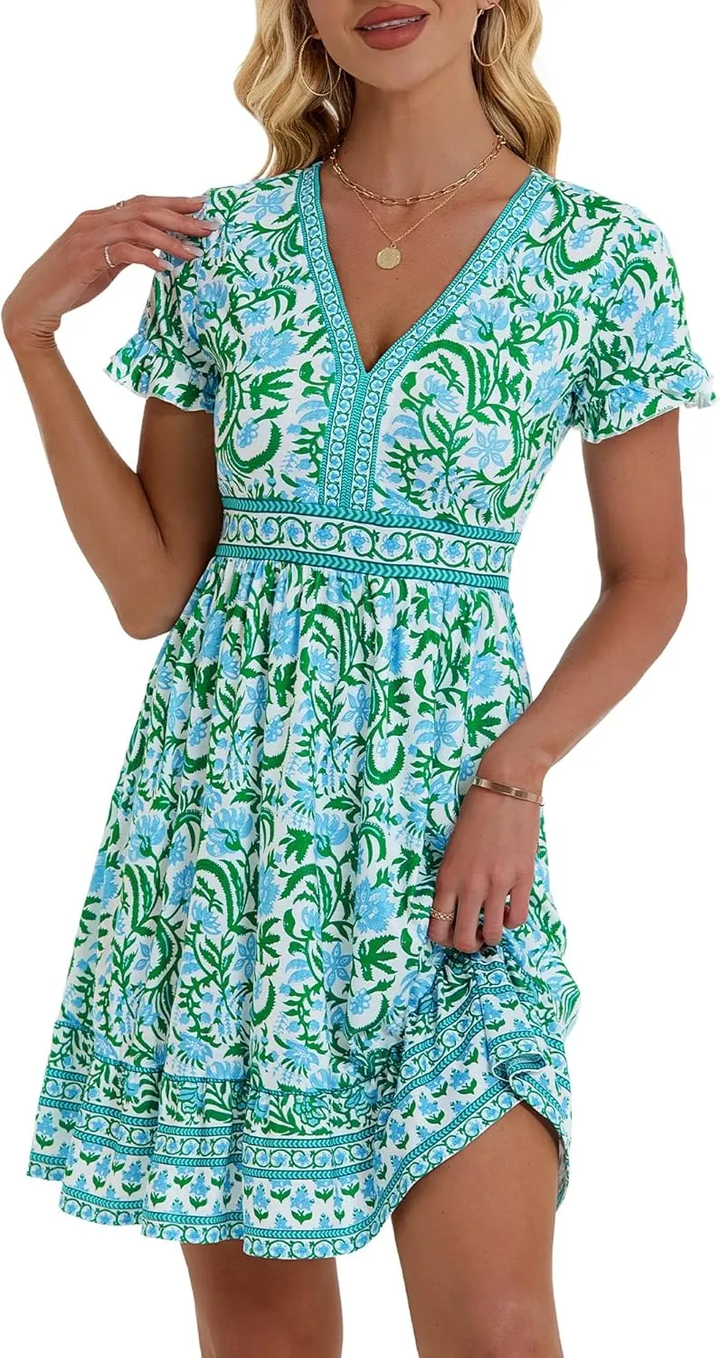 OURIN Womens Summer Dresses 2025 V Neck Short Sleeve Ruffle Floral Casual Boho Beach A Line Midi Sundress