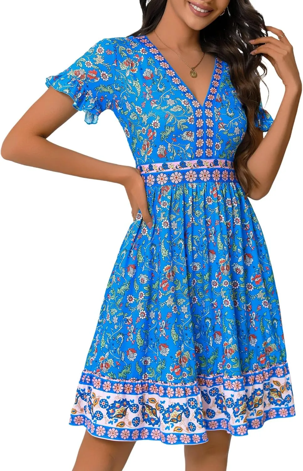 OURIN Womens Summer Dresses 2025 V Neck Short Sleeve Ruffle Floral Casual Boho Beach A Line Midi Sundress