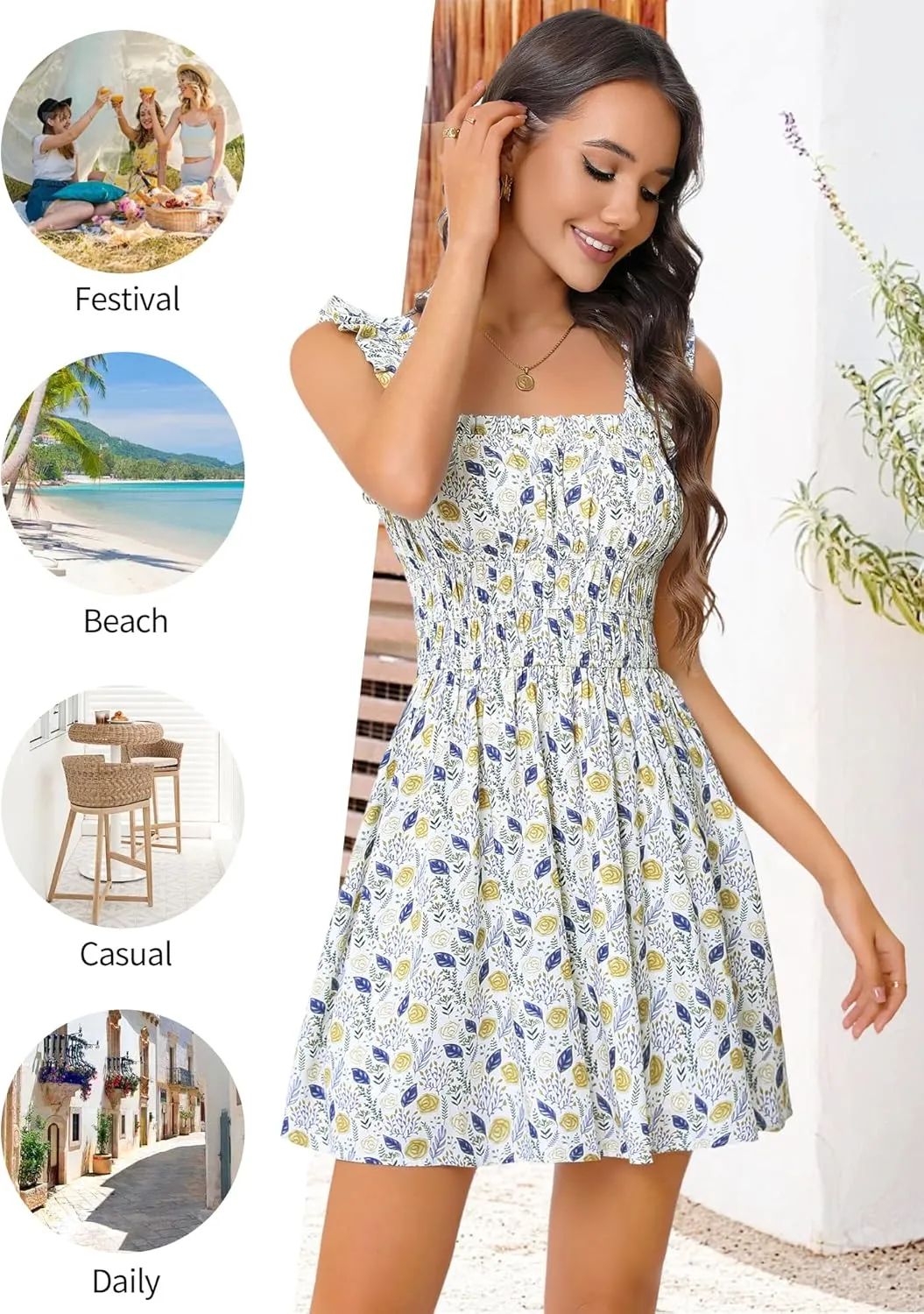 OURIN Womens Summer Dresses Cute Square Neck Ruffle Sleeve Floral Elastic Waist A Line Mini Sundress