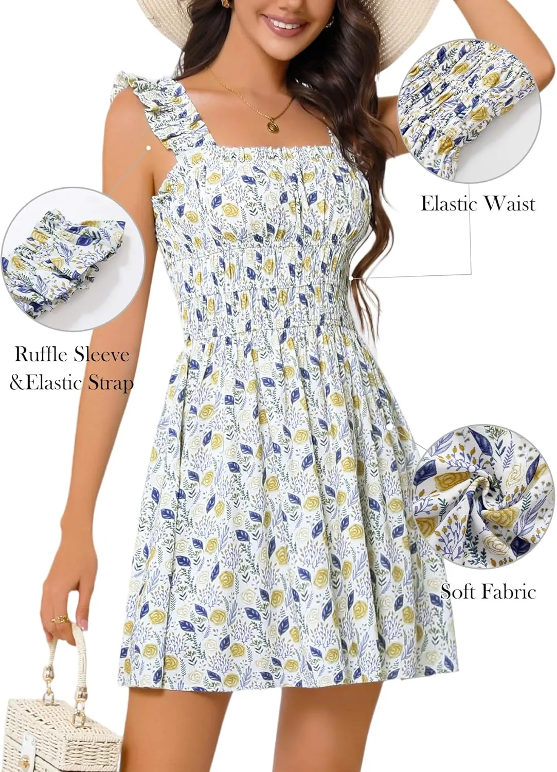 OURIN Womens Summer Dresses Cute Square Neck Ruffle Sleeve Floral Elastic Waist A Line Mini Sundress