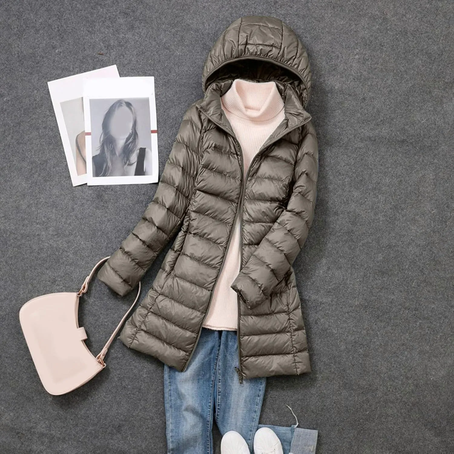 Packable Down Jacket Women Lightweight Full Zip Puffer Jackets Casual Warm Stand Collar Quilted Winter Coat with Hood