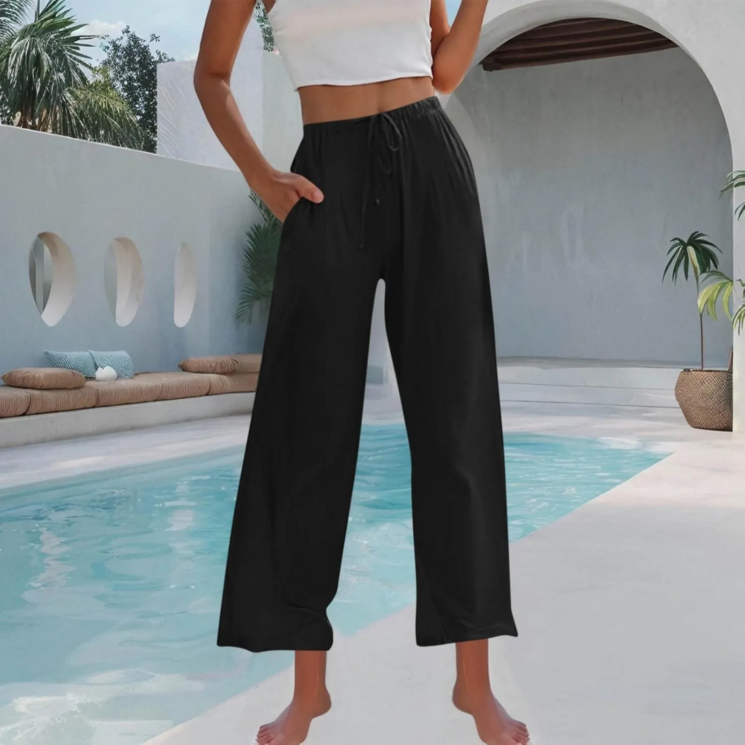 Palazzo Pants for Women High Waisted Straight Wide Leg Linen Trousers Drawstring Elastic Summer Outfits