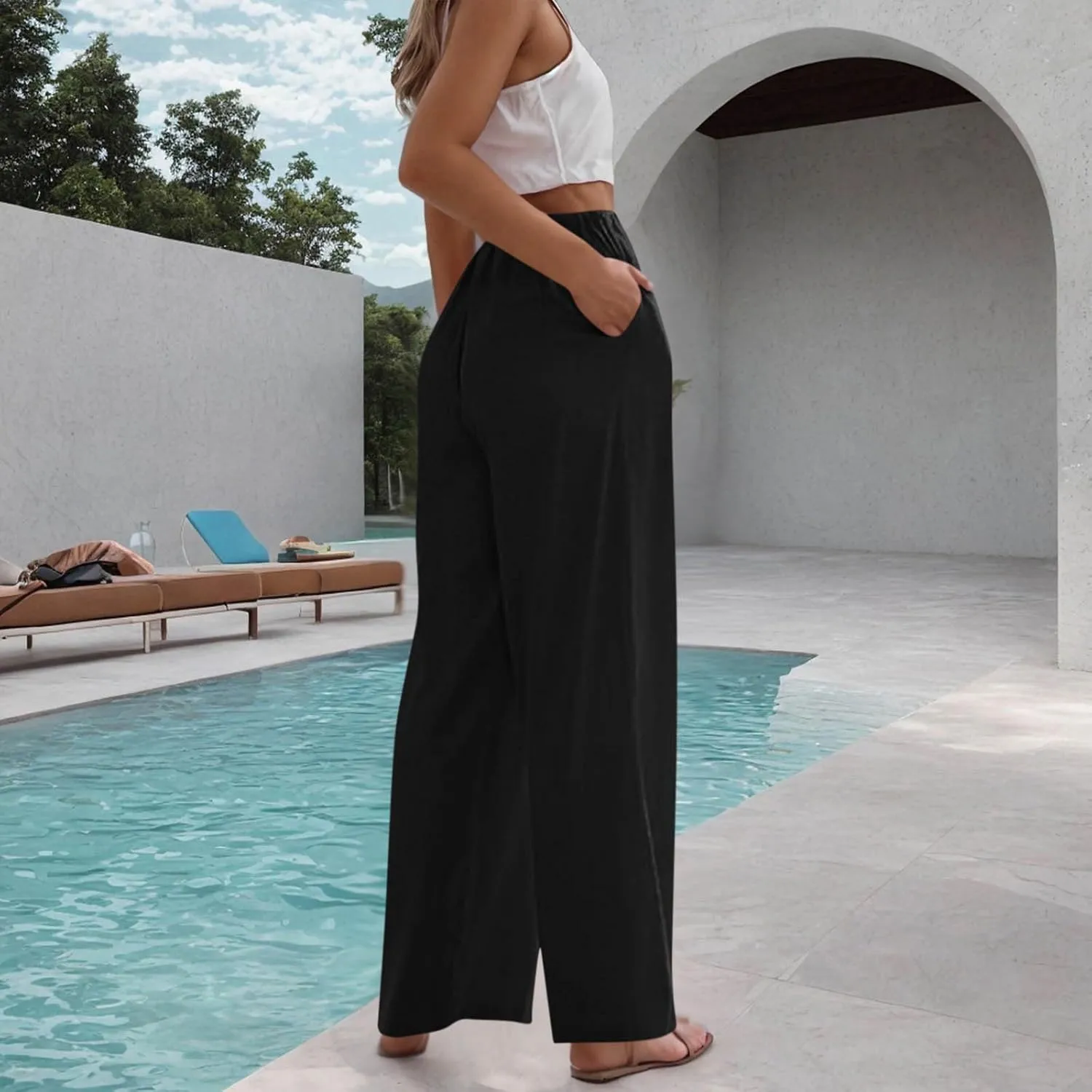 Palazzo Pants for Women High Waisted Straight Wide Leg Linen Trousers Drawstring Elastic Summer Outfits
