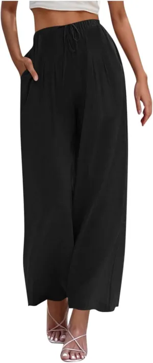 Palazzo Pants for Women High Waisted Straight Wide Leg Linen Trousers Drawstring Elastic Summer Outfits