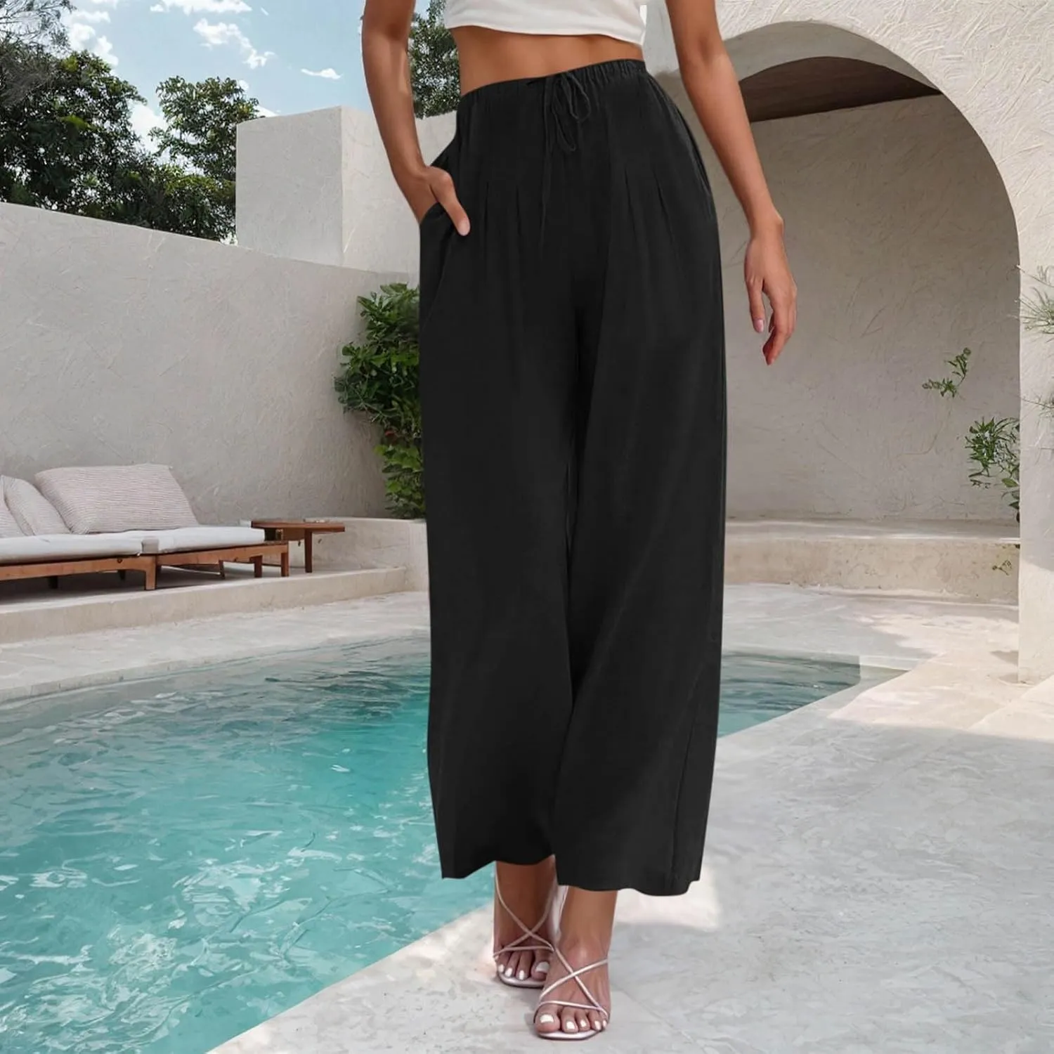 Palazzo Pants for Women High Waisted Straight Wide Leg Linen Trousers Drawstring Elastic Summer Outfits